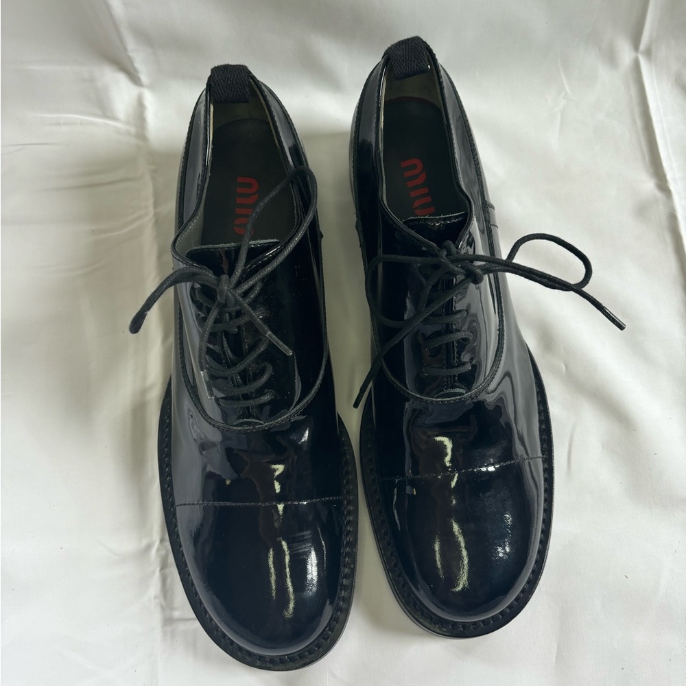 Miu Miu Black Patent Leather Lace-Up Flats